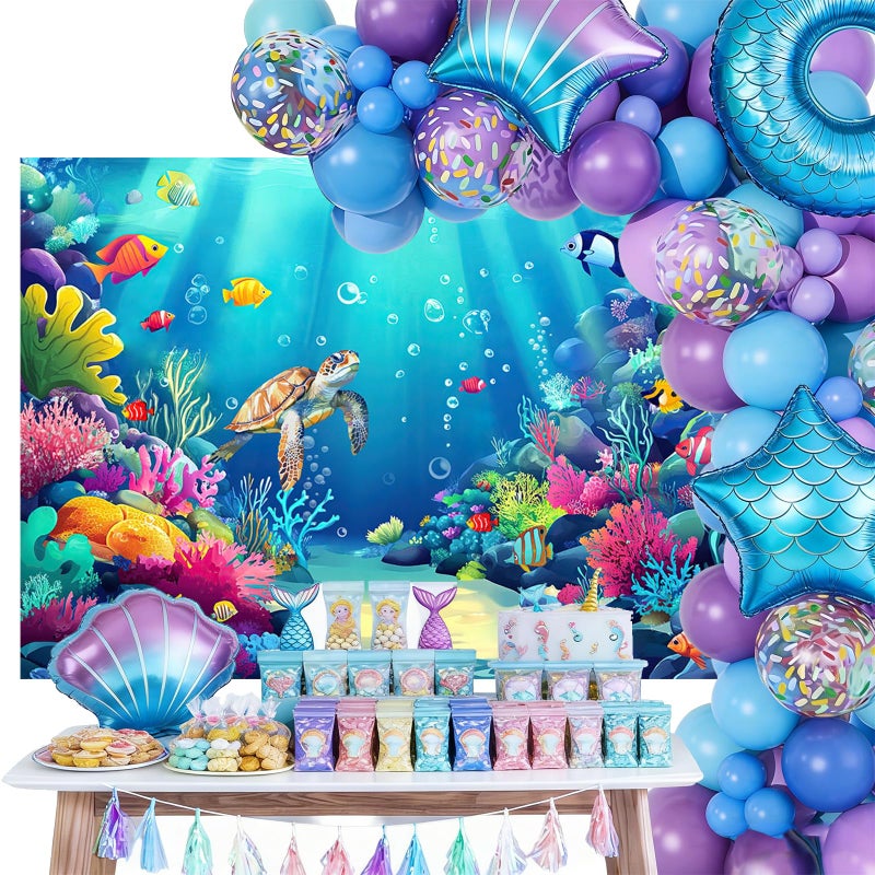 Mocsicka 7x5ft Under The Sea Backdrop Ocean Mermaid Backdrop Background for Under The Sea Theme Baby Shower Photo Booth Banner Party Cake Table Decorations - Image 2