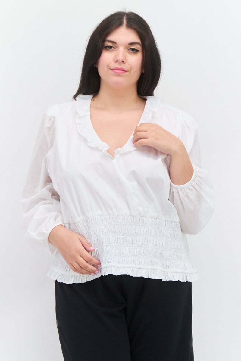 1 State Women Plus Size Textured Long Sleeve Top, White - Image 1