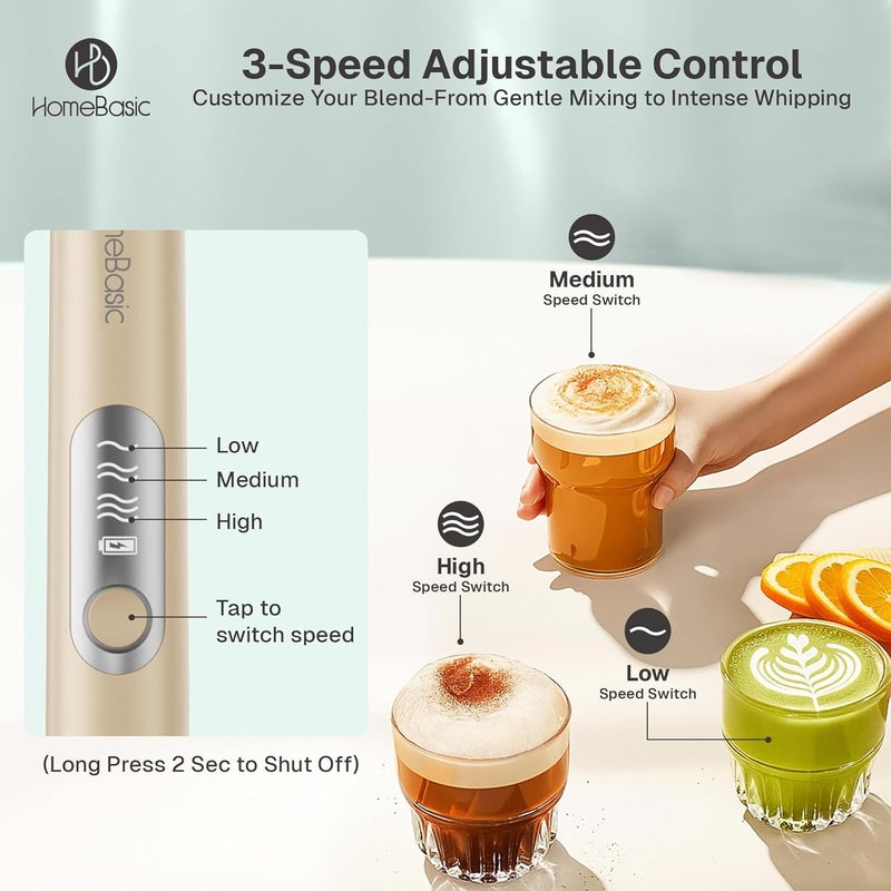 Home Basic خلاط حليب كهربائي بسرعة 3، صانع رغوة محمول مع بطارية قابلة للشحن USB-C بسعة 1200 مللي أمبير، خفاقات من الفولاذ المقاوم للصدأ 304، تشغيل صامت للقهوة، اللاتيه، الماتشا، البيض (بيج) - Image 4