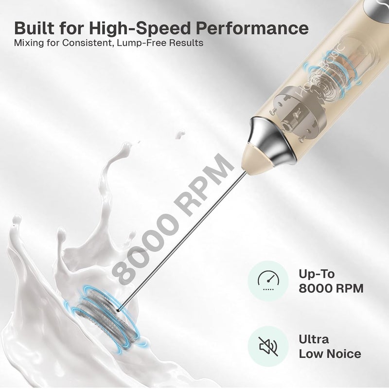 Home Basic خلاط حليب كهربائي بسرعة 3، صانع رغوة محمول مع بطارية قابلة للشحن USB-C بسعة 1200 مللي أمبير، خفاقات من الفولاذ المقاوم للصدأ 304، تشغيل صامت للقهوة، اللاتيه، الماتشا، البيض (بيج) - Image 5