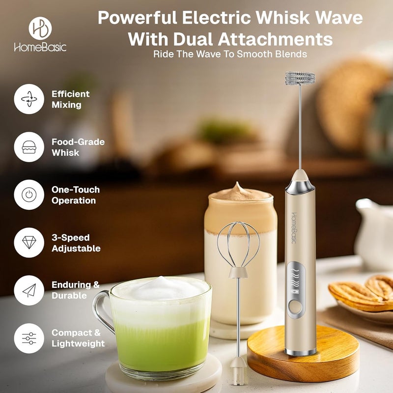 Home Basic خلاط حليب كهربائي بسرعة 3، صانع رغوة محمول مع بطارية قابلة للشحن USB-C بسعة 1200 مللي أمبير، خفاقات من الفولاذ المقاوم للصدأ 304، تشغيل صامت للقهوة، اللاتيه، الماتشا، البيض (بيج) - Image 2