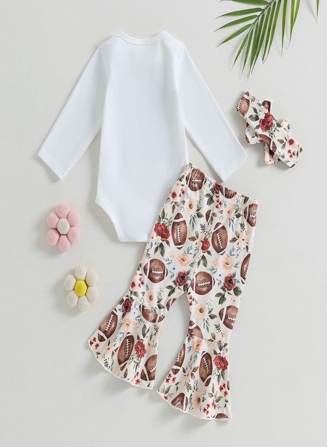 BULINGNA Newborn Baby Girl Coming Home Outfit Touchdown Football Season Bodysuit Football Flare Pants with Headband Set (White, 3-6 Months) - Image 3