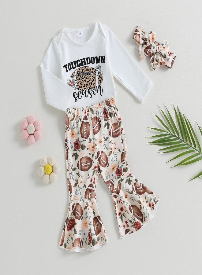 BULINGNA Newborn Baby Girl Coming Home Outfit Touchdown Football Season Bodysuit Football Flare Pants with Headband Set (White, 3-6 Months) - Image 2