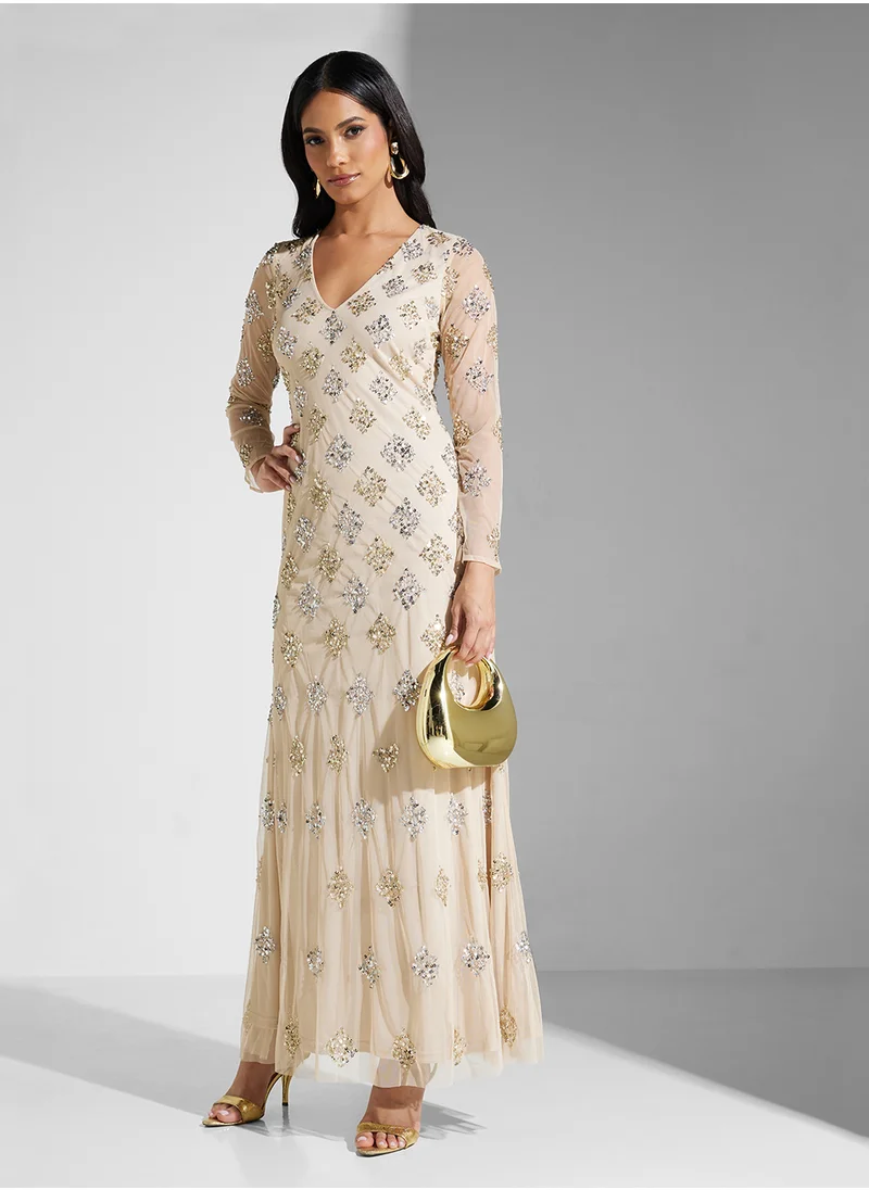 نمشي x V Neck Sequin Embellished A Line Dress