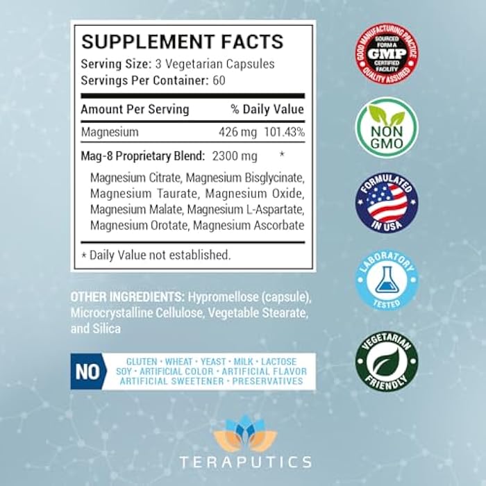 Teraputics 8 in 1 Magnesium Complex for Women & Men 426mg | 180 Vegan Capsules | MAG-8 Blend: Citrate, Bisglycinate, Malate, & More | Non-GMO Magnesio Complex Supplement | Provides 100% Daily Recommended Value - Image 5