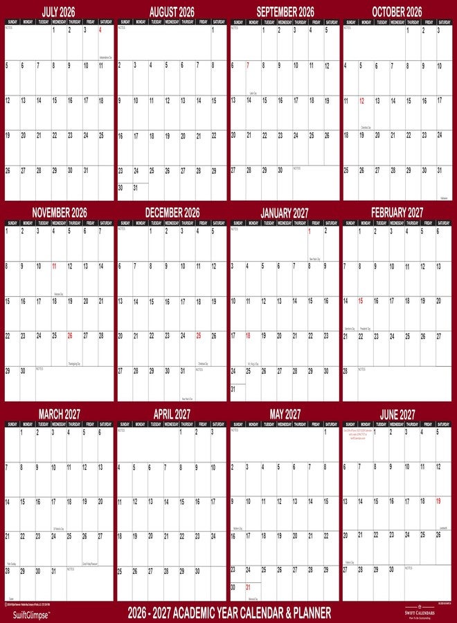 Swiftmaps 32" x 48" SwiftGlimpse 2026-2027 Academic Wall Calendar Dry Erase Erasable, XLarge, Wet & Dry Erase Laminated, Yearly Planner, JULY 2026 to JUNE 2027 ONLY - Image 1