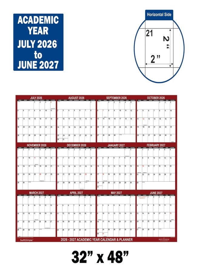 Swiftmaps 32" x 48" SwiftGlimpse 2026-2027 Academic Wall Calendar Dry Erase Erasable, XLarge, Wet & Dry Erase Laminated, Yearly Planner, JULY 2026 to JUNE 2027 ONLY - Image 2