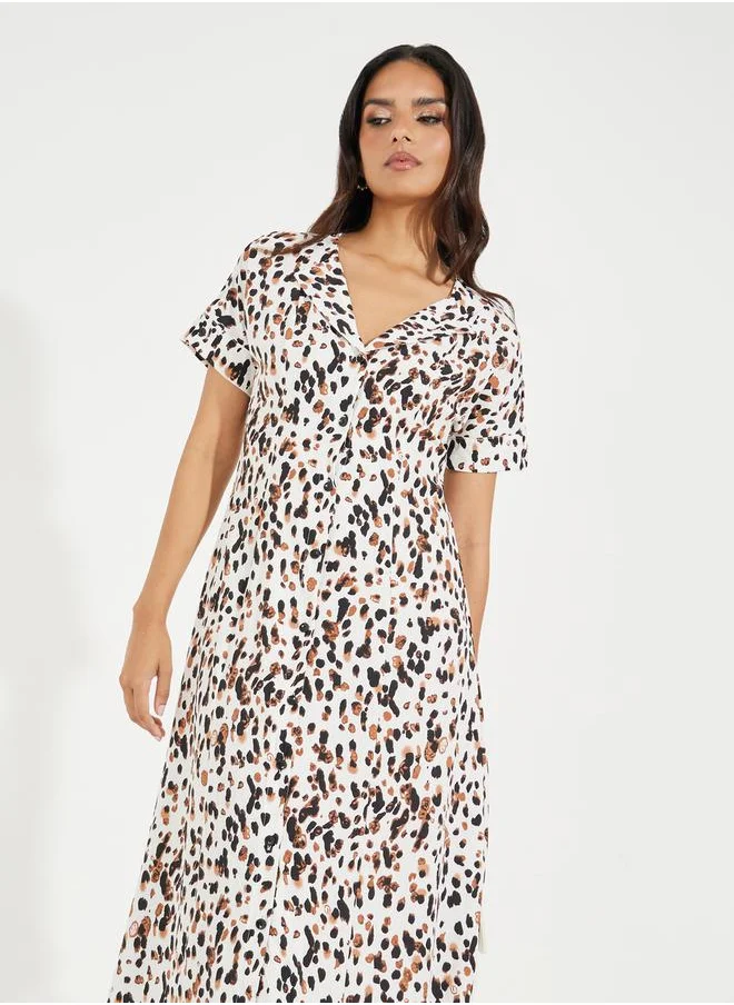 Styli Spot Sketch Print Collared A-Line Maxi Dress