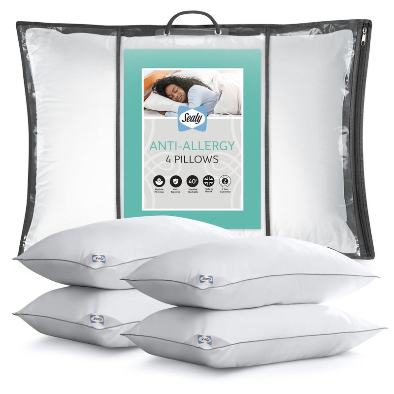 وسائد سيالي المضادة للحساسية دعم متوسط وسائد سرير لجميع أوضاع النوم مع ألياف فيباداون وحواف مخيطة قابلة للغسل في الغسالة عبوة من 4
