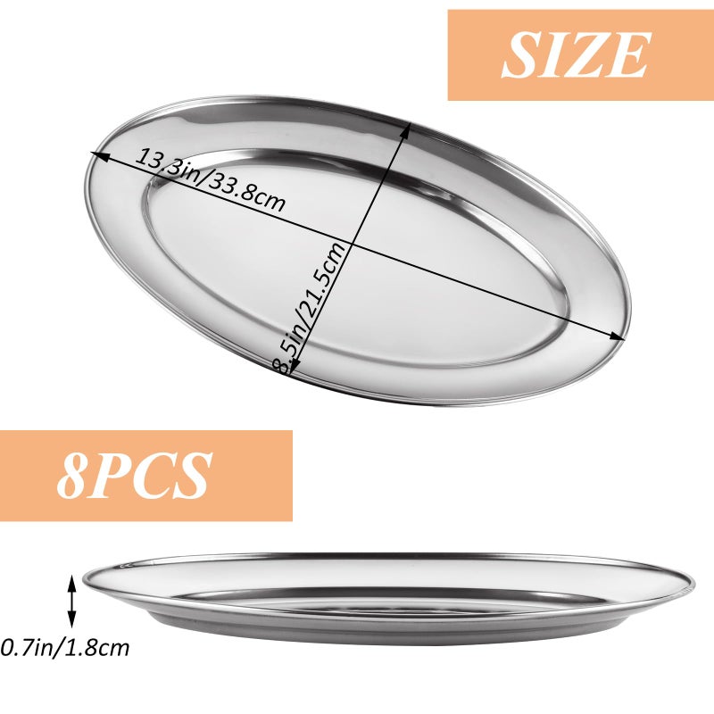AKOLAFE 8PCS Large Stainless Steel Sizzle Platter Food Serving Trays for Party Buffet Oval Serving Platter Set Decorative Silver Plates Metal Tray Long Sizzler Plates for Sushi Appetizer Table Dish - Image 2