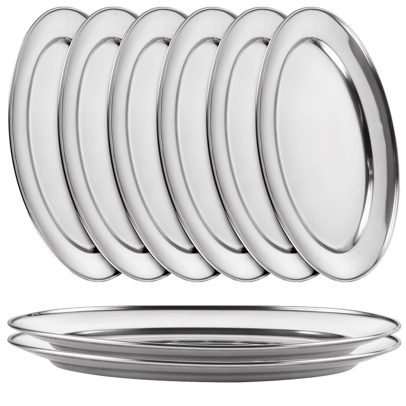 AKOLAFE 8PCS Large Stainless Steel Sizzle Platter Food Serving Trays for Party Buffet Oval Serving Platter Set Decorative Silver Plates Metal Tray Long Sizzler Plates for Sushi Appetizer Table Dish - Image 1