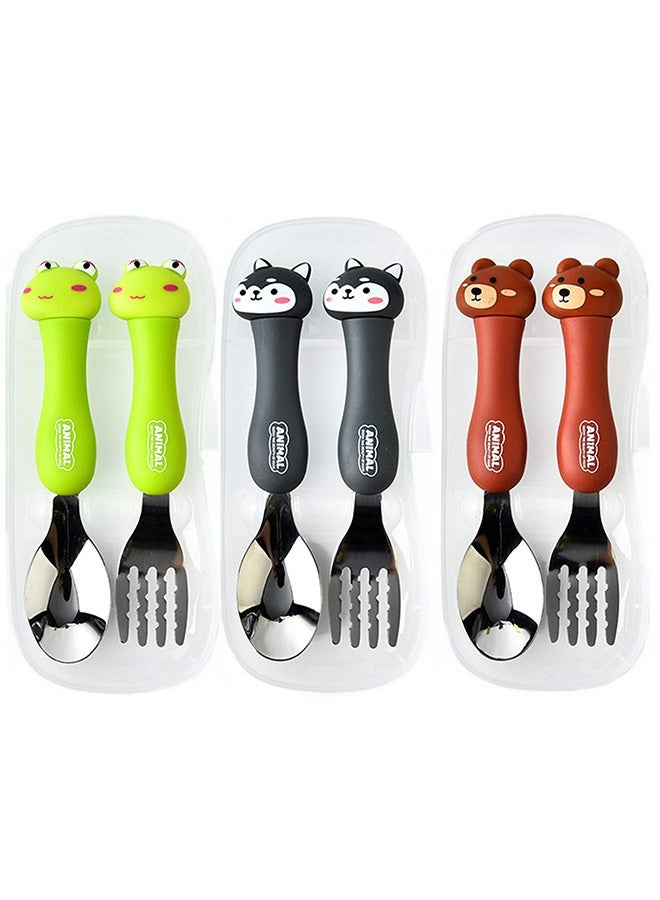 Peachjoy طقم أدوات الطعام للأطفال، 3 قطع مجموعة أدوات تناول الطعام للأطفال، مجموعة ملعقة وشوكة محمولة للأطفال مع علبة بلاستيكية من الفولاذ المقاوم للصدأ 304 خالية من BPA آمنة للغسالة (ضفدع، جرو، دب) - Image 1