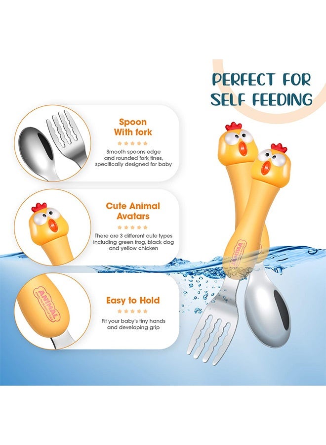 Peachjoy طقم أدوات الطعام للأطفال، 3 قطع مجموعة أدوات تناول الطعام للأطفال، مجموعة ملعقة وشوكة محمولة للأطفال مع علبة بلاستيكية من الفولاذ المقاوم للصدأ 304 خالية من BPA آمنة للغسالة (ضفدع، جرو، دب) - Image 2