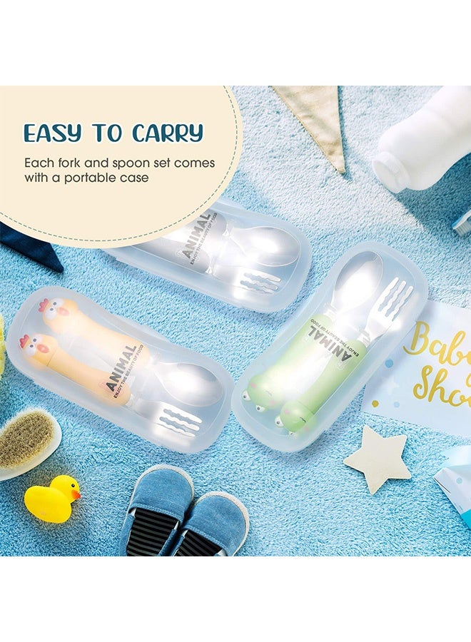Peachjoy طقم أدوات الطعام للأطفال، 3 قطع مجموعة أدوات تناول الطعام للأطفال، مجموعة ملعقة وشوكة محمولة للأطفال مع علبة بلاستيكية من الفولاذ المقاوم للصدأ 304 خالية من BPA آمنة للغسالة (ضفدع، جرو، دب) - Image 3