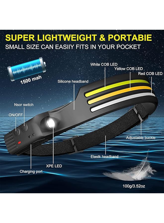 DMG TECH Rechargeable LED Headlamp 3 LED 1200 Lumens COB 230°Wide Beam Headlight with Motion Sensor Bright 10 Modes Lightweight Waterproof Head Lamp for Camping Running Hiking Fishing - Image 2
