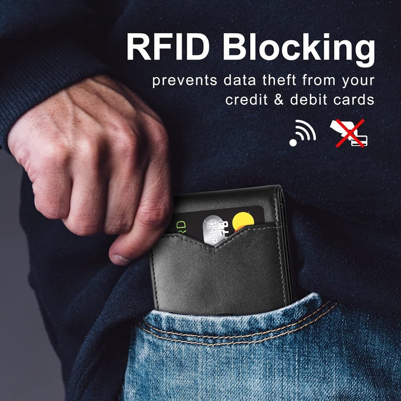GSOIAX محفظة الرقيقة للرجال، مزودة بحماية ضد تقنية RFID، تصميم مزدوج الأجزاء، جيب أمامي، تحتوي على حامل لبطاقات الائتمان، باللون الأسود، أبعادها 4.3 x 3 x 1 بوصة، رفيعة الوزن، مع صندوق هدايا. - Image 3
