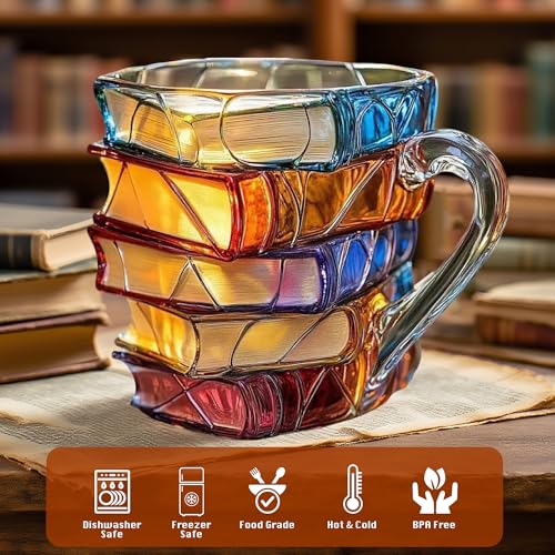 WACOI Chapter Book Mug Glass 3D Book Mugs for Gift, Painted Book Coffee Cup with Stack Design 7oz Artistic Reading Coffee Cup with Handle for Readers, Bookworm, Ideal Gift for Christmas, Birthday - Image 4