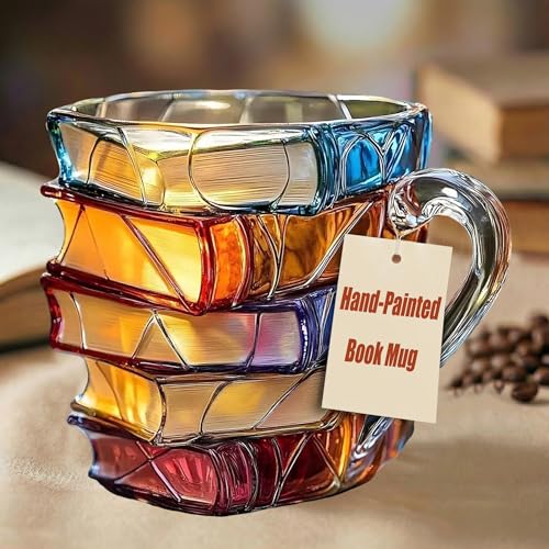 WACOI Chapter Book Mug Glass 3D Book Mugs for Gift, Painted Book Coffee Cup with Stack Design 7oz Artistic Reading Coffee Cup with Handle for Readers, Bookworm, Ideal Gift for Christmas, Birthday - Image 1