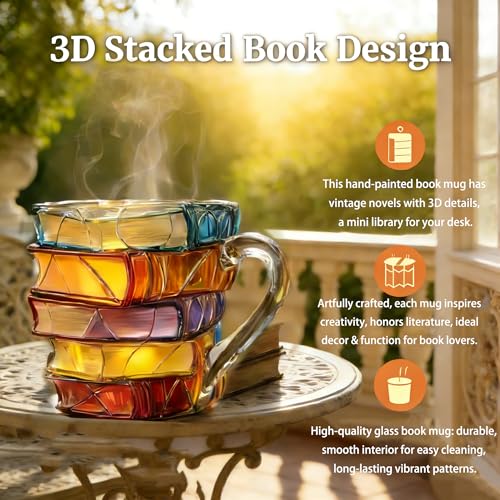 WACOI Chapter Book Mug Glass 3D Book Mugs for Gift, Painted Book Coffee Cup with Stack Design 7oz Artistic Reading Coffee Cup with Handle for Readers, Bookworm, Ideal Gift for Christmas, Birthday - Image 3
