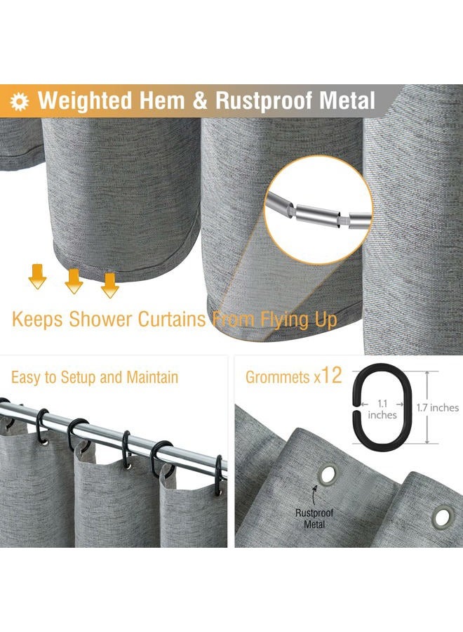 BTTN Extra Long Grey Fabric Shower Curtain, W72xH84 Linen Textured Heavy Duty Cloth Shower Curtain Set with Hooks, Waterproof Neutral Weighted Luxury Decorative Shower Curtains for Bathroom(Gray) - Image 4