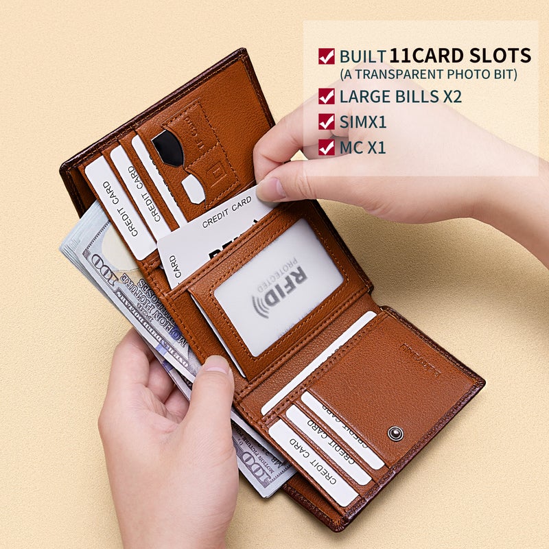banyanu Men's Genuine Leather Tri-Fold Wallet with ID Window, 11 Card Slots, and 2 Bill Pockets; RFID Anti-Theft; Yellow-Brown Cabinet Microfiber - Image 4