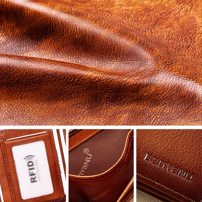 banyanu Men's Genuine Leather Tri-Fold Wallet with ID Window, 11 Card Slots, and 2 Bill Pockets; RFID Anti-Theft; Yellow-Brown Cabinet Microfiber - Image 5