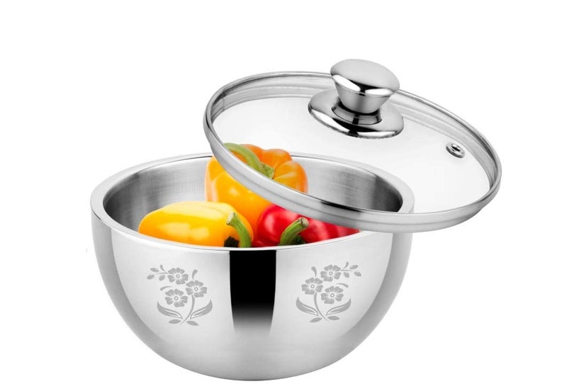 DiBha Stainless Steel Hot Gravy Pot Double Wall Insulated with Glass Lid, 700 ml, 1 pc - Image 1