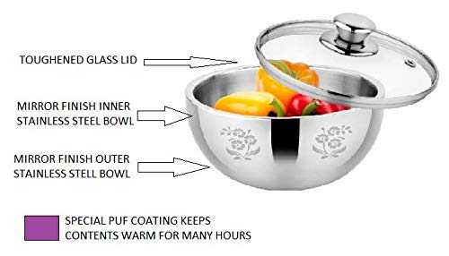 DiBha Stainless Steel Hot Gravy Pot Double Wall Insulated with Glass Lid, 700 ml, 1 pc - Image 3