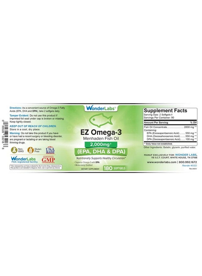Wonder Laboratories EZ Omega-3 Atlantic Menhaden Fish Oil Supplement 2000 mg, Burpless, Made in The USA, Perfect Balance of EPA+ DHA + DPA 180 Softgels - Image 2