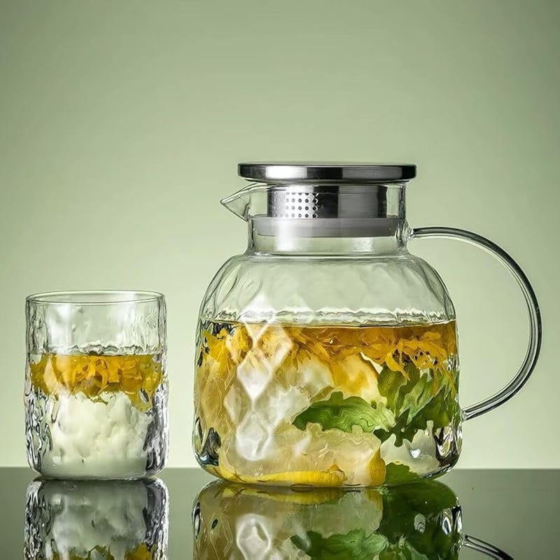 Pitcher For Keeping Liquids Ribbed Glass With Stainless Steel Lid 1500ml Clear - Image 1