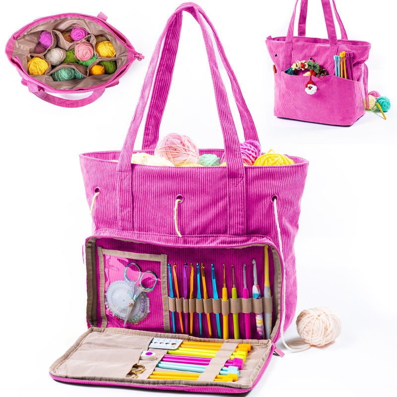 MYBAGZING Large Crochet Bag Tote Corduroy Yarn Organizer for Crocheting Yarn Storage Bag for Hooks and Accessories Knitting Tote for Crochet Lovers Mothers Day Gift - Image 2