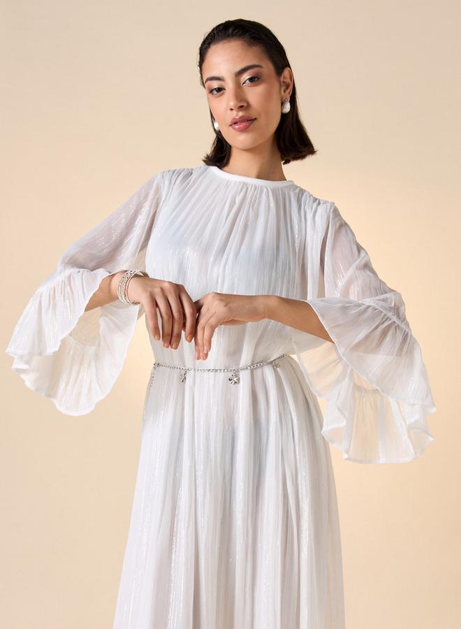 ايكونيك فستان ميدي بارز الملمس بياقة مستديرة وأكمام 3/4 من أيكونيك - Image 2