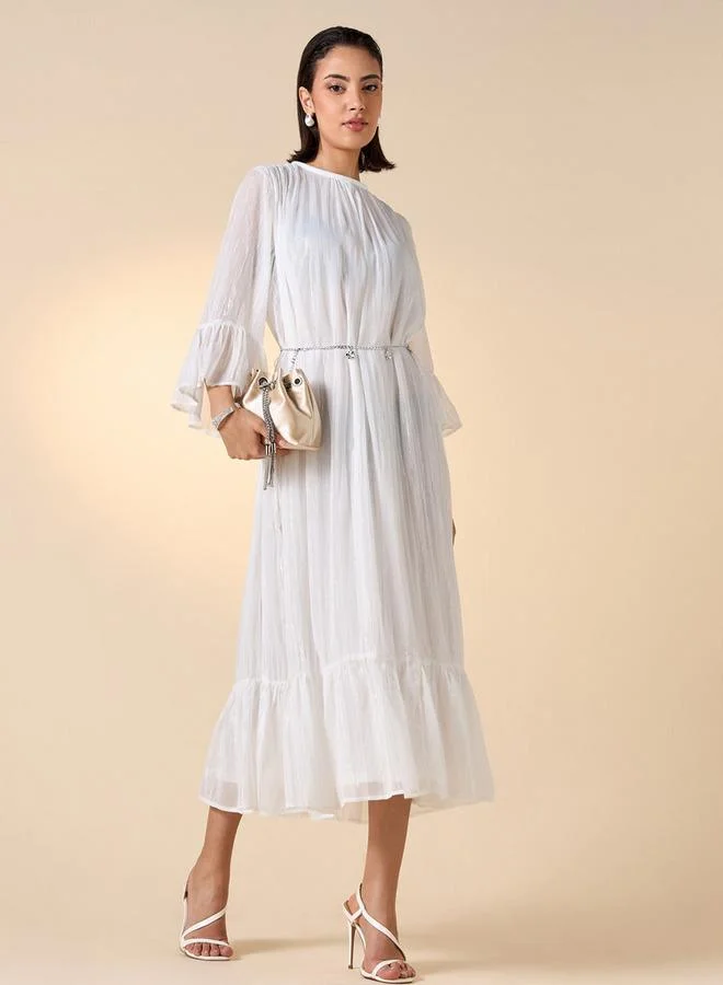 ايكونيك فستان ميدي بارز الملمس بياقة مستديرة وأكمام 3/4 من أيكونيك