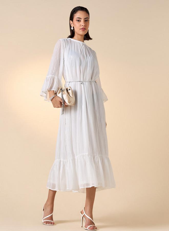 ايكونيك فستان ميدي بارز الملمس بياقة مستديرة وأكمام 3/4 من أيكونيك - Image 1