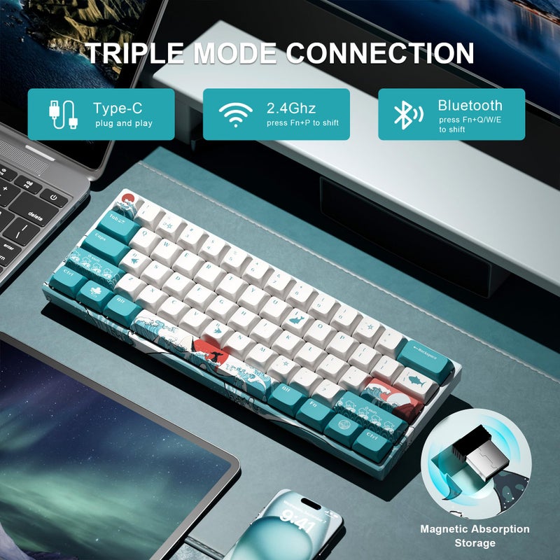 HITIME لوحة مفاتيح HITIME بنسبة 60 بالمئة، لوحة مفاتيح ميكانيكية لاسلكية XVX M61 Pro بثلاثة أوضاع، لوحة مفاتيح مخصصة للألعاب قابلة للتبديل الساخن، بإضاءة خلفية RGB، للاعبين على أنظمة ويندوز وماك وPC (ثيم البحر المرجاني، مفتاح خطي مسبق التشحيم) - Image 2
