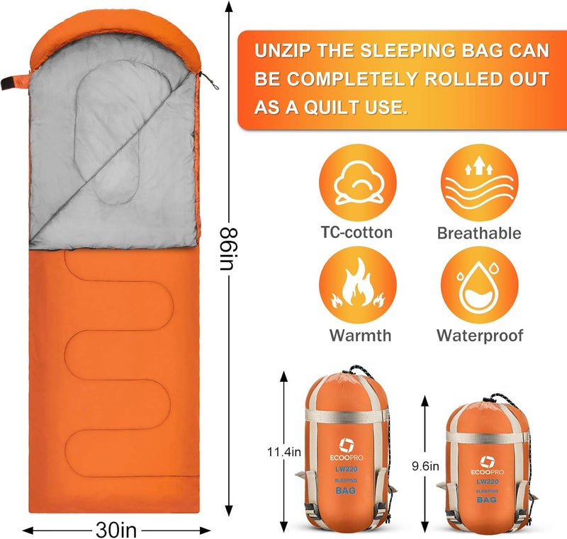 ECOOPRO Warm Weather Sleeping Bag - Portable, Waterproof, Compact Lightweight, Comfort with Compression Sack - Great for Outdoor Camping, Backpacking & Hiking-83 L x 30" W Fits Adults - Image 2