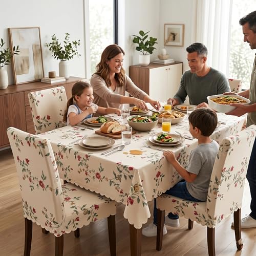 Styleys Dining Chair Cover with Table Covers for Kitchen Waterproof Dining Table Cloth (1 Table Cover + 4 Chair Cover, Beige Tulip Flower, CTSD3128) - Image 2