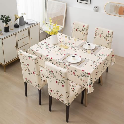 Styleys Dining Chair Cover with Table Covers for Kitchen Waterproof Dining Table Cloth (1 Table Cover + 4 Chair Cover, Beige Tulip Flower, CTSD3128) - Image 1