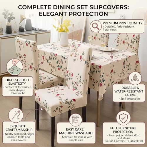 Styleys Dining Chair Cover with Table Covers for Kitchen Waterproof Dining Table Cloth (1 Table Cover + 4 Chair Cover, Beige Tulip Flower, CTSD3128) - Image 3