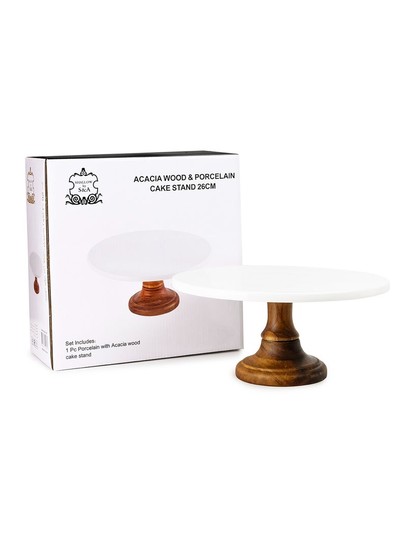 Shallow Shallow Acacia Wood Porcelain Cake Stand, 26cm, White & Brown - Image 2