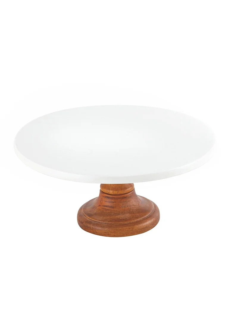 Shallow Shallow Acacia Wood Porcelain Cake Stand, 26cm, White & Brown