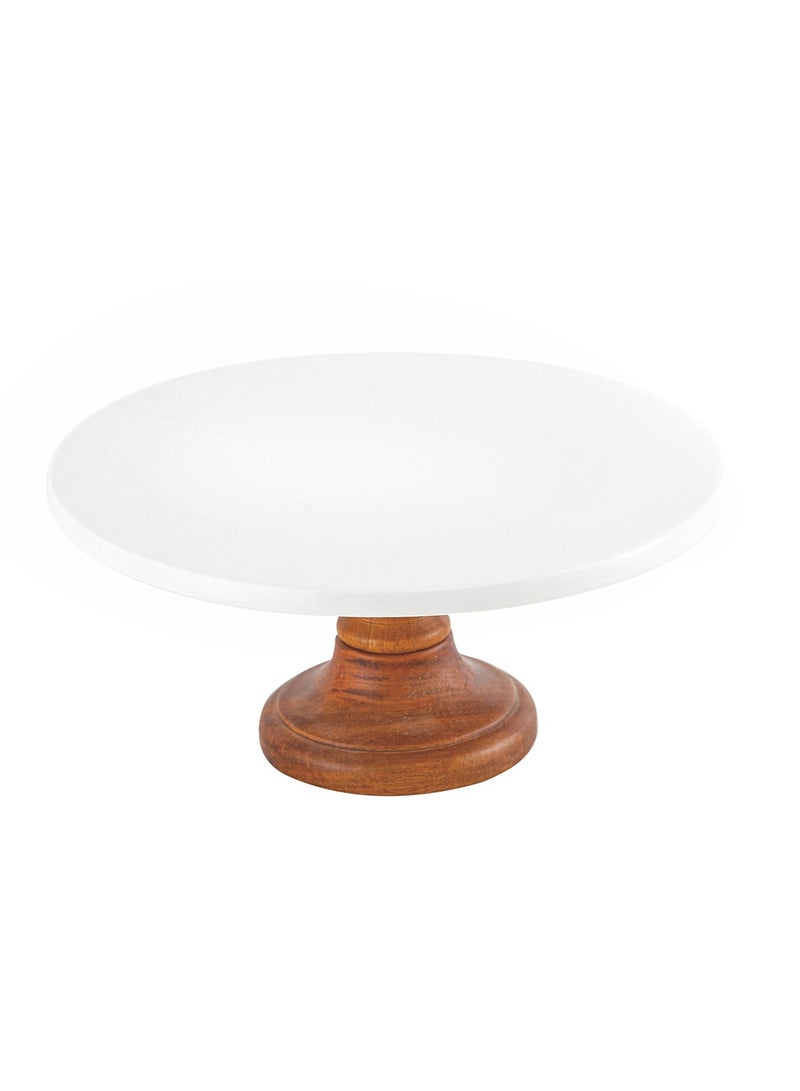 Shallow Shallow Acacia Wood Porcelain Cake Stand, 26cm, White & Brown - Image 4