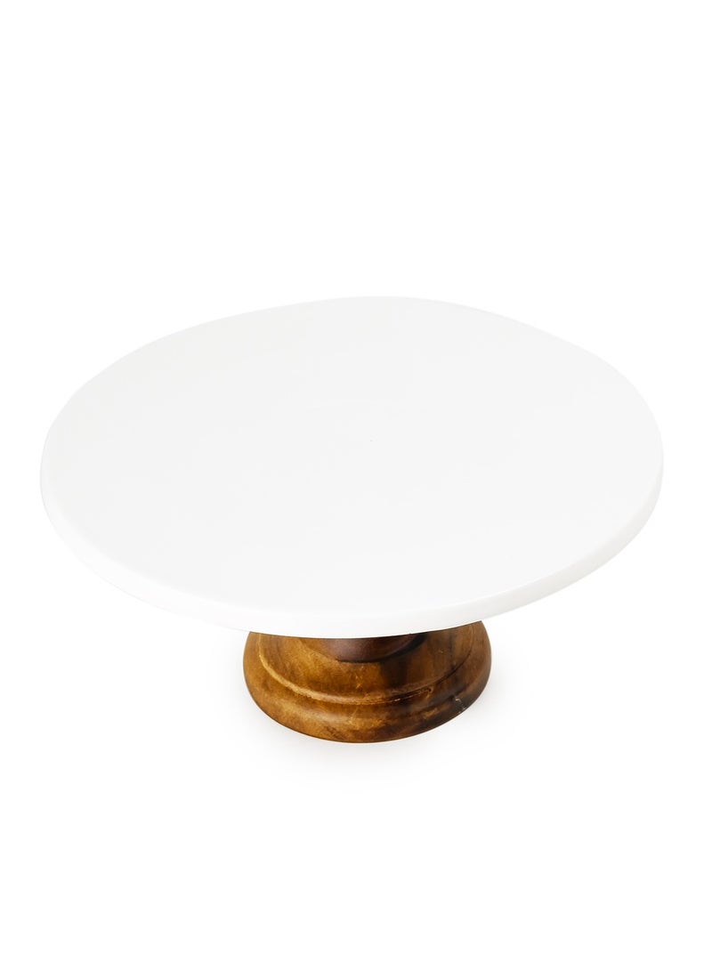 Shallow Shallow Acacia Wood Porcelain Cake Stand, 26cm, White & Brown - Image 3