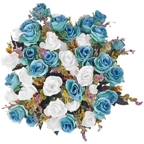 Moomass Artificial Flowers,2 Packs of Artificial Roses.24 Little Rose Silk Flowers. Plastic Flowers,Plants for Home Hotel Wedding Christmas Tables Decorations. Peacock Green - Image 5