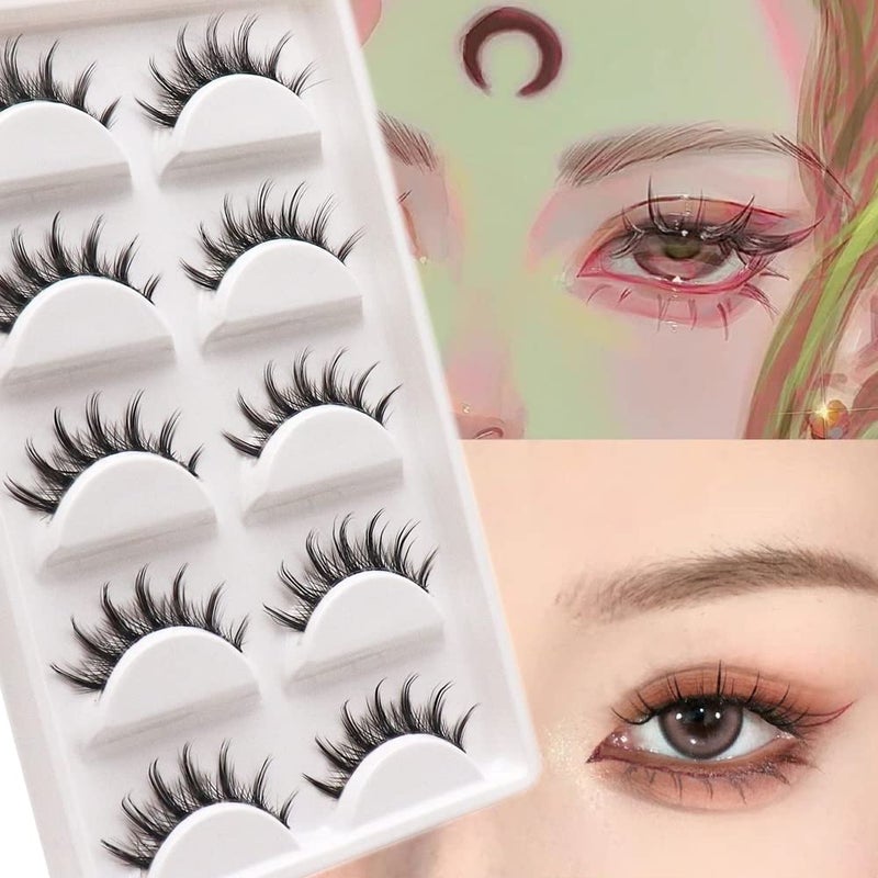 Veleasha Manga Lashes Spiky False Eyelashes 100% Handmade Eyelashes Natural Look Fake Lashes Lightweight Lashes with Soft Clear Band 5 Pairs Pack (009) - Image 2