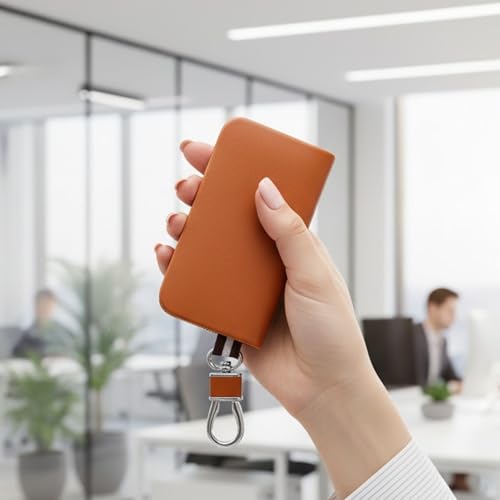 KMH Premium Scandinavian Nappa Car Key Wallet Bag | Smart Keychain Holder with Metal Hook Keyring Zipper Bag | Wallet for Key Holder Cover Shell Case Pouch Holder Key Fob Protector (Tan) - Image 2