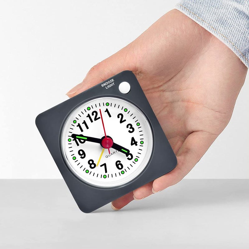 Jcobay Small Travel Alarm Clock Silent Analog Clock with Snooze Nightlight for Traveling Backpacking Grey