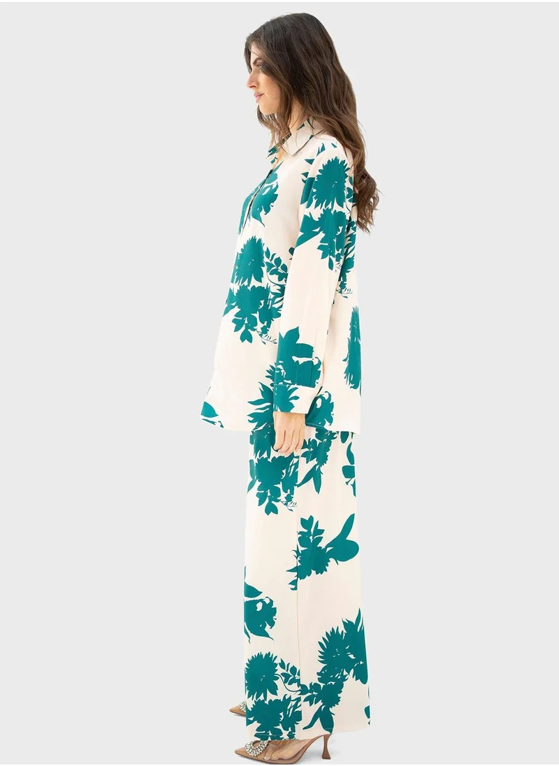 Hassal Floral Print Button Down Shirt And High Waist Pants Set