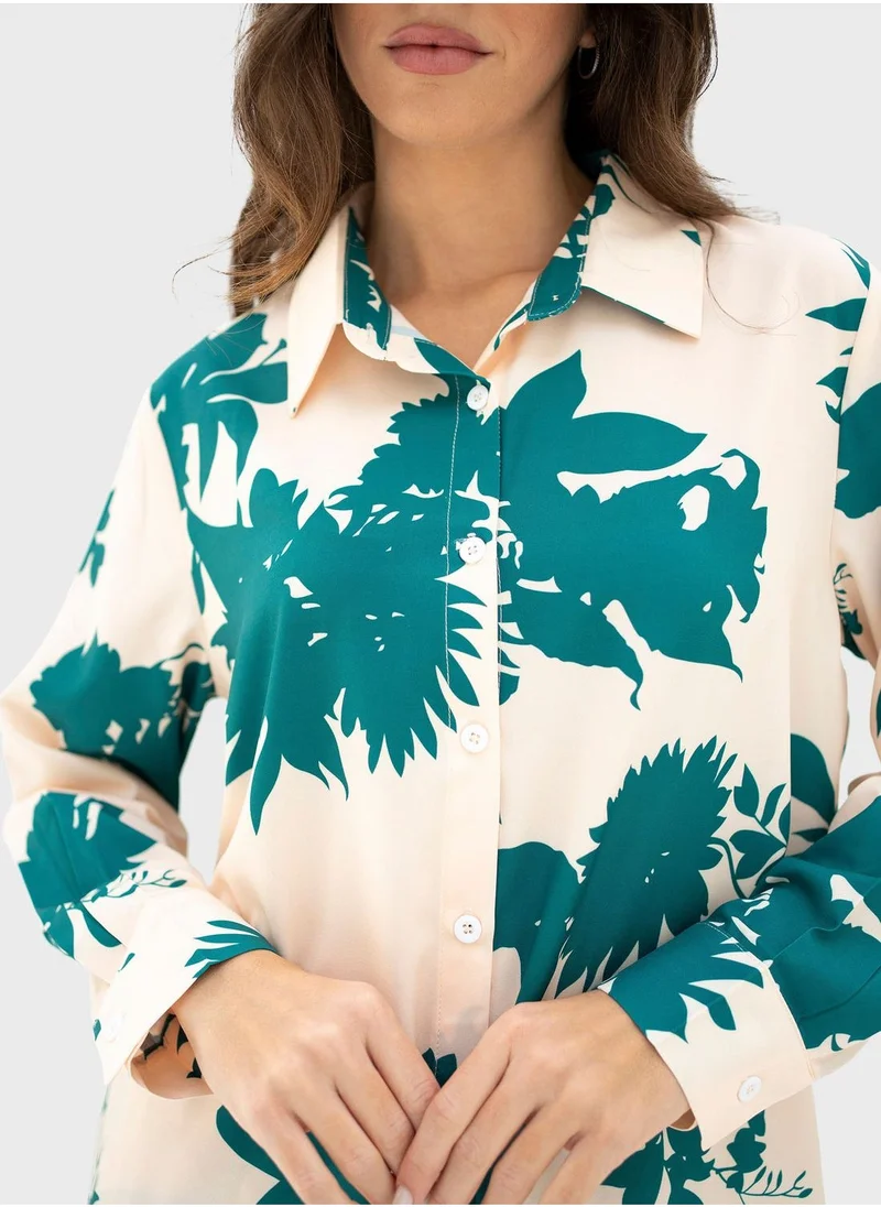Hassal Floral Print Button Down Shirt And High Waist Pants Set