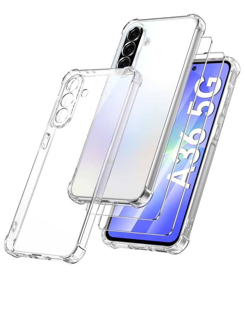 ELTRAZONE Samsung Galaxy A36 5G Case with 2 Pack Tempered Glass Screen Protectors – Shockproof Transparent Bumper Cover with Full Edge-to-Edge Screen Coverage – Anti-Scratch, Anti-Yellowing, Slim Clear Case for Samsung A36 2025 - Image 1